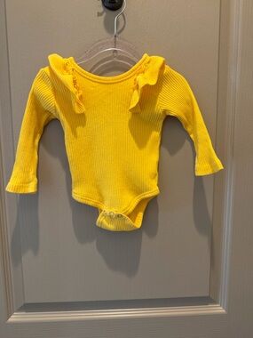 Bright Yellow Ribbed Ruffle-Shoulder One-Piece Bodysuit - Kids